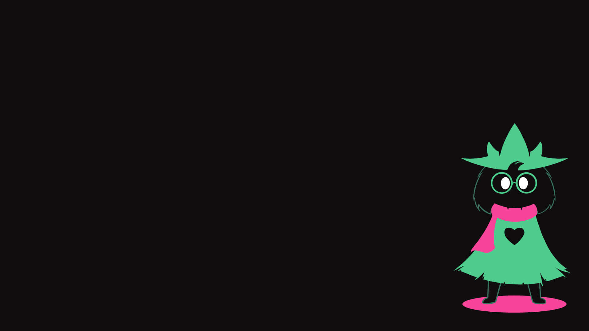 Deltarune 桌布 壁紙 — 一個可愛的綠色卡通角色，戴著粉紅色圍巾和帽子，獨自站在黑色背景上的粉紅色圓圈上。