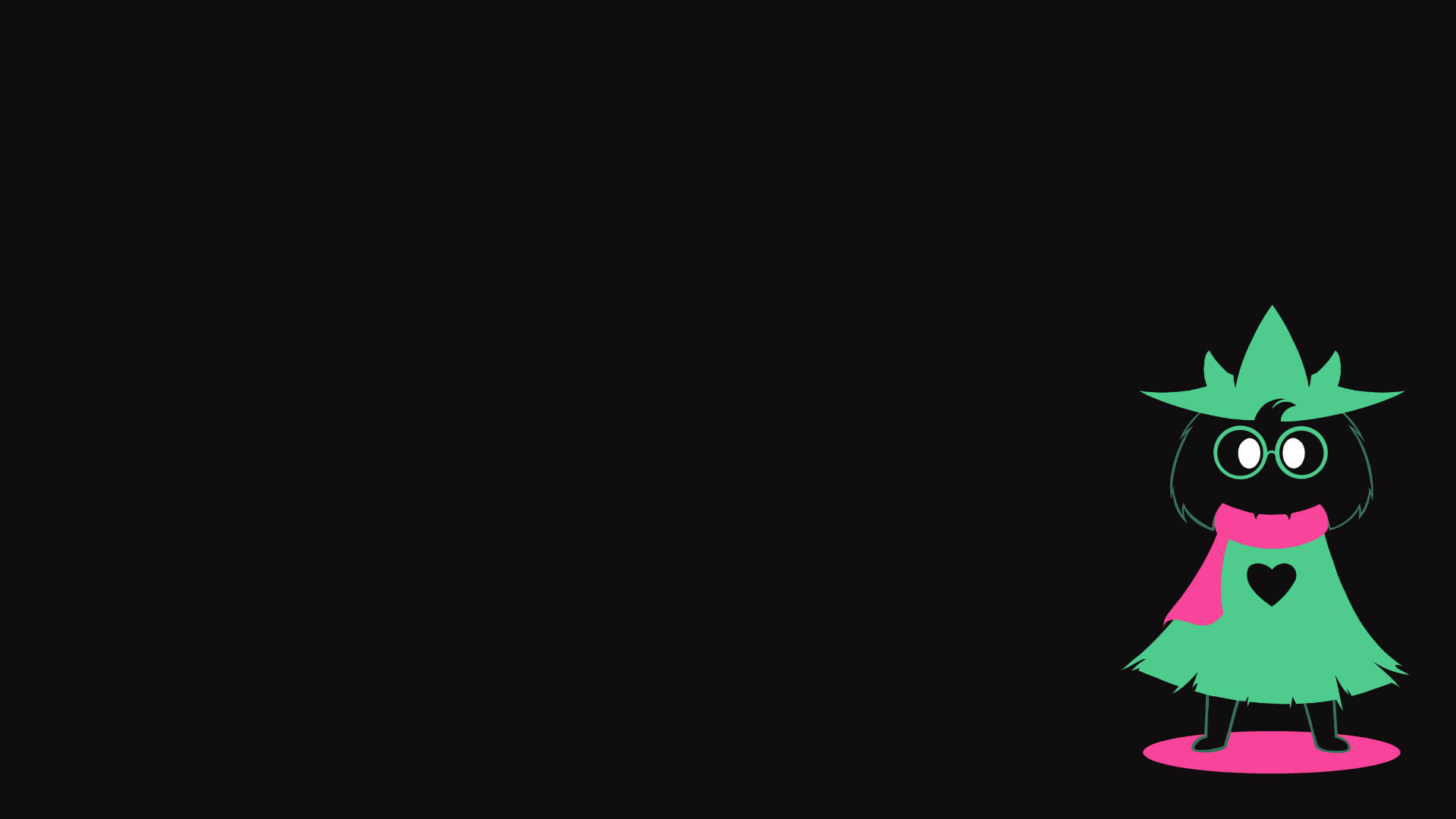 Ralsei 桌布 壁紙 — 一個可愛的綠色卡通角色，戴著粉紅色圍巾和帽子，獨自站在黑色背景上的粉紅色圓圈上。