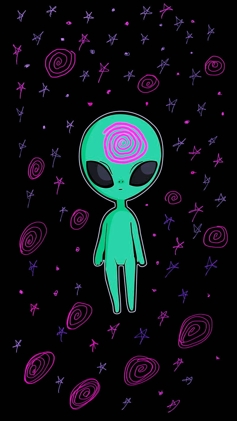 Trippy Dope 桌布 壁紙 — 一個可愛的綠色外星人，頭部是粉紅色螺旋形，漂浮在發光的紫色星星和漩渦中，背景為黑色。