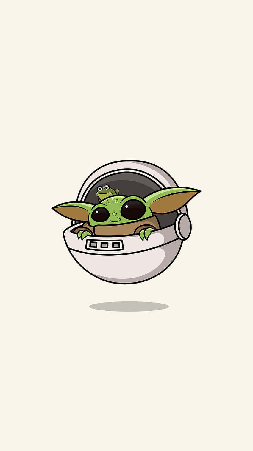 Cartoon Yoda 桌布 壁紙 — 一個可愛的綠色嬰兒尤達，戴著白色太空船頭盔，頭盔上有一隻小青蛙，背景是米色。