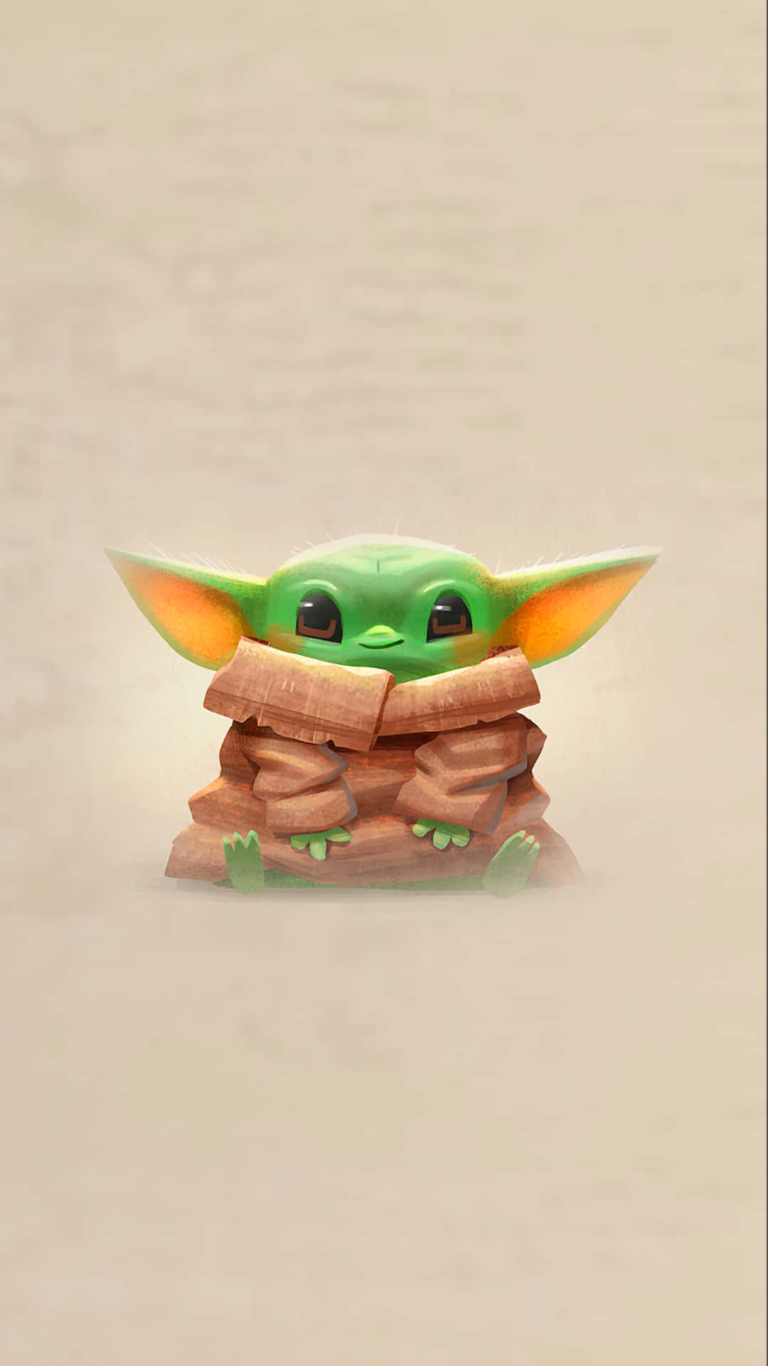Baby Yoda iPhone 桌布 壁紙 — 一個可愛的綠色嬰兒尤達，裹著棕色斗篷，坐在柔軟的米色背景前。