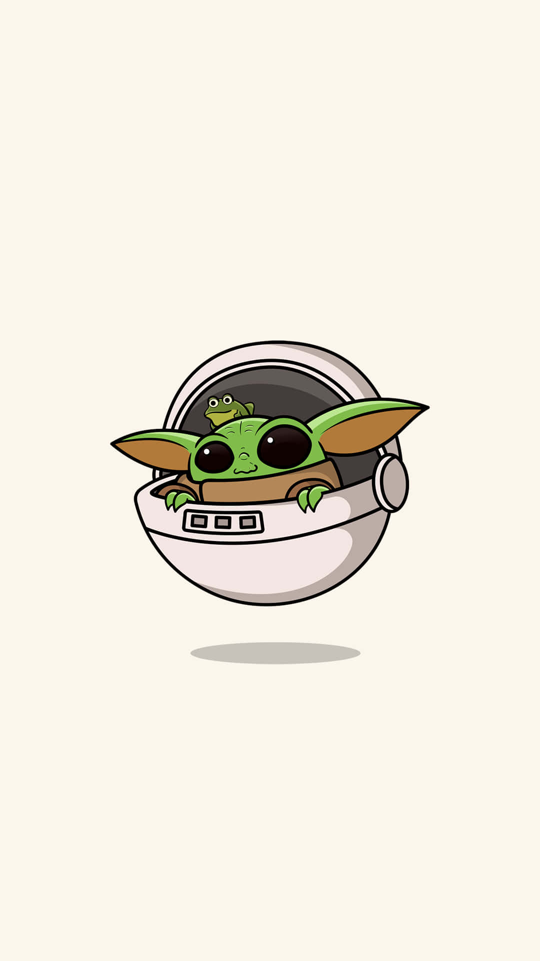 Baby Yoda Aesthetic 桌布 壁紙 — 一個可愛的綠色嬰兒尤達在白色太空船艙中，有一隻小青蛙棲息在他的肩膀上，背景是柔和的米色。