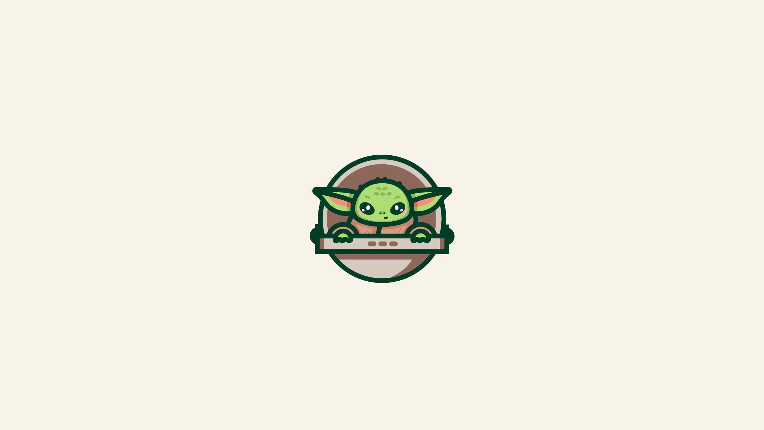 Cartoon Yoda 桌布 壁紙 — 一個可愛的綠色嬰兒尤達在米色背景上的圓形框架內從邊緣探出頭來。