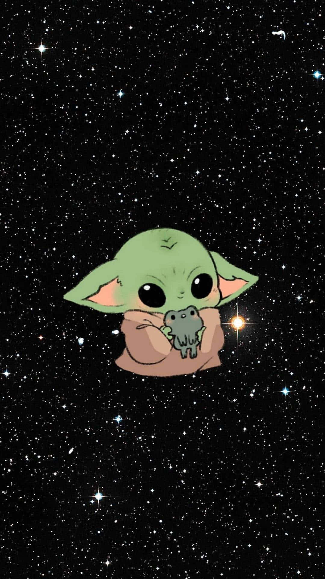 嬰兒尤達在星空中拿著青蛙。 — 尤達寶寶 壁紙