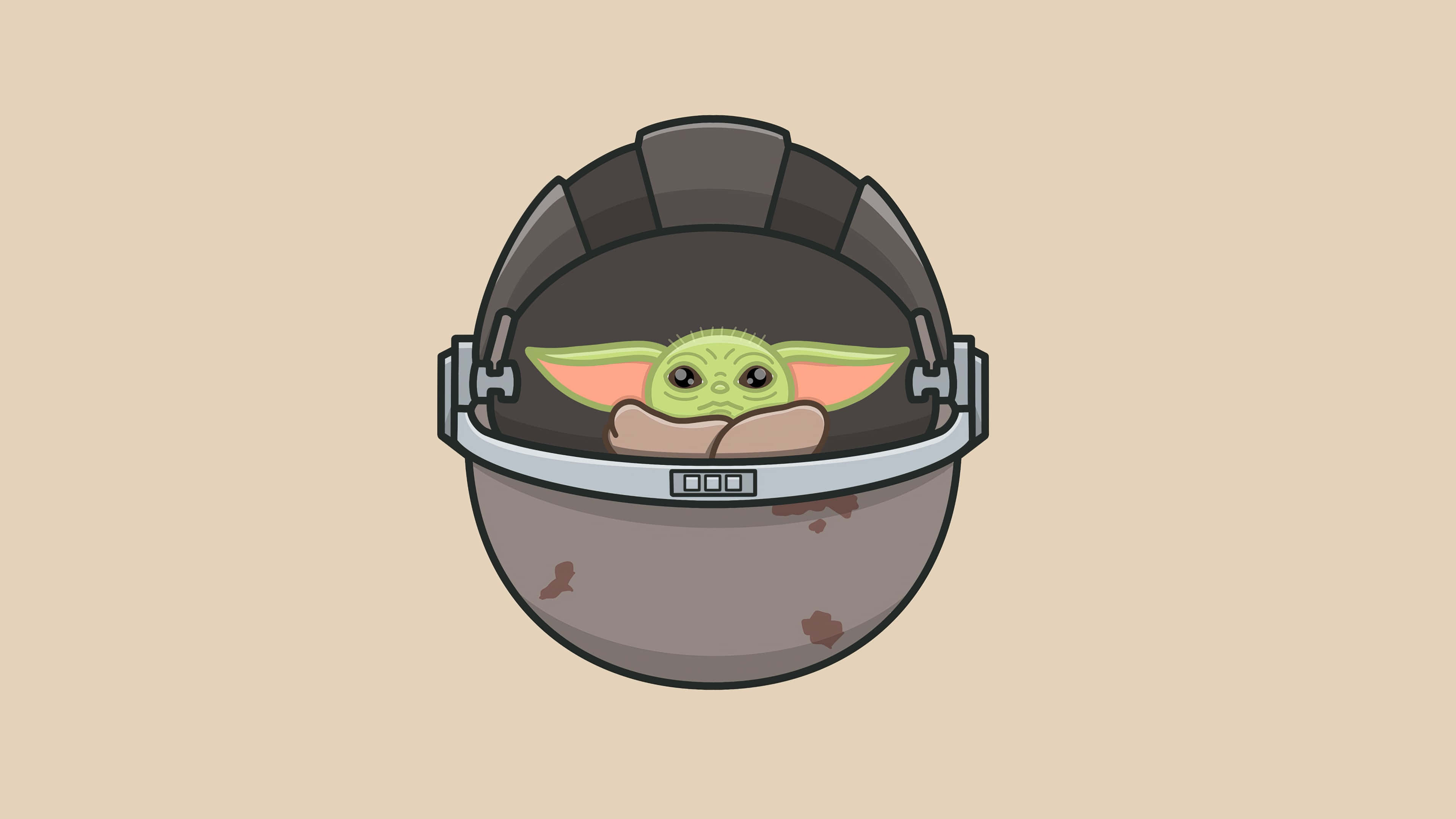Mandalorian Yoda 桌布 壁紙 — 一個可愛的綠色嬰兒尤達從一個破舊的灰色頭盔內探出頭來，背景是米色。