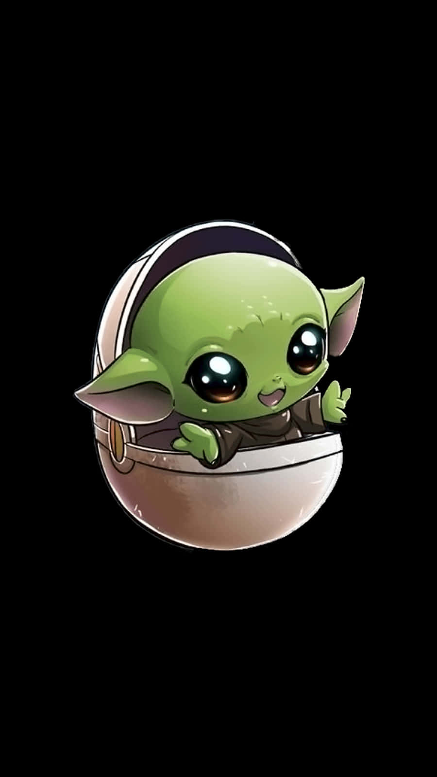Cartoon Yoda 桌布 壁紙 — 一個可愛的綠色嬰兒尤達從圓形容器中愉快地探出頭來，背景是黑色。
