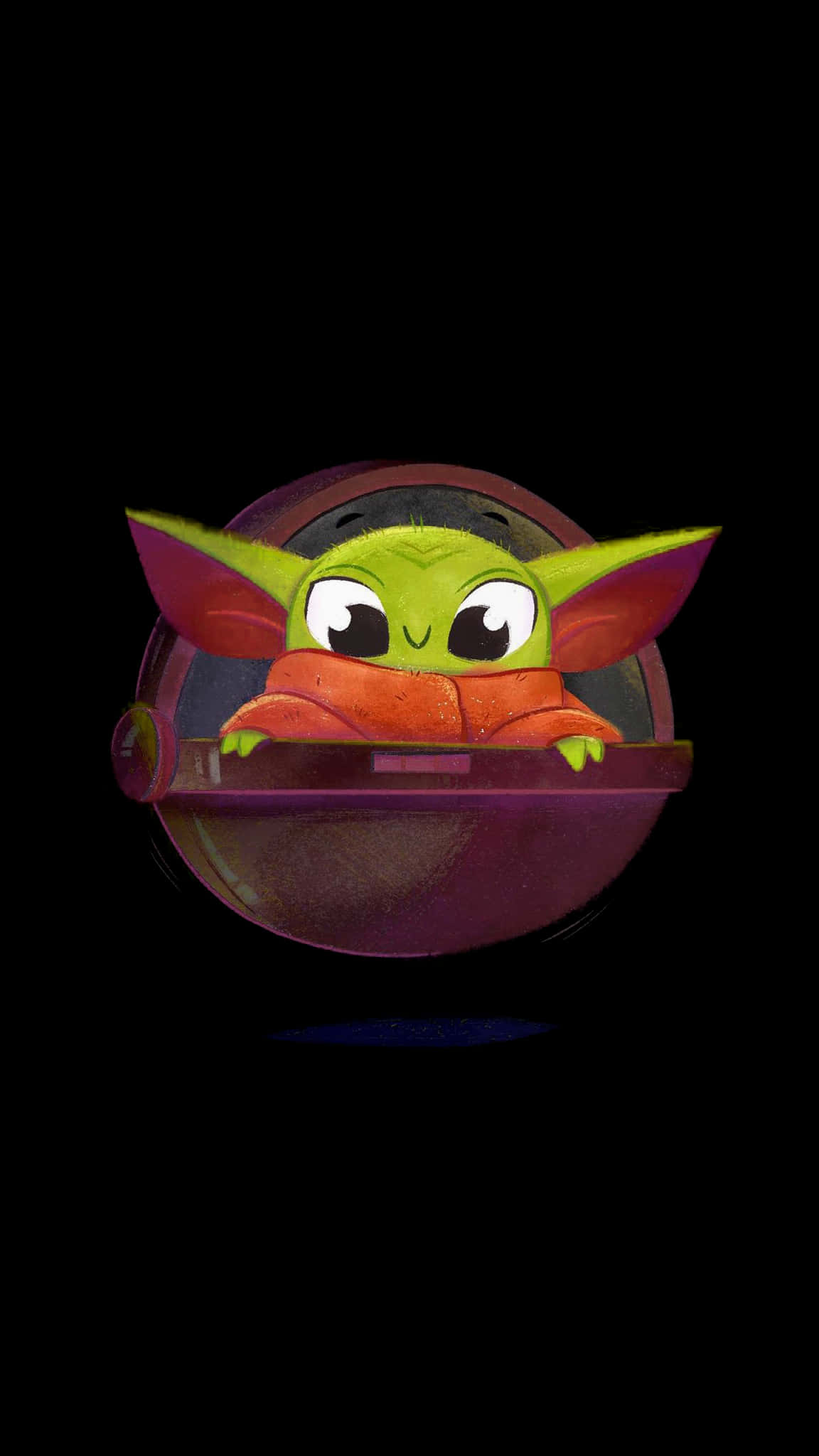 Baby Yoda Phone 桌布 壁紙 — 一個可愛的綠色嬰兒尤達從紫色球形莢中探出頭來，背景為黑色。