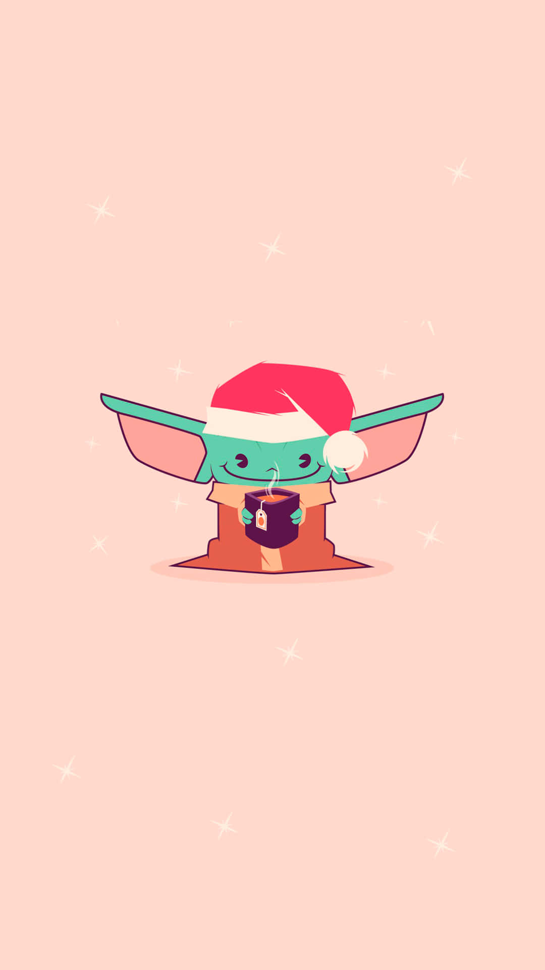 Baby Yoda Christmas 桌布 壁紙 — 一個可愛的綠色嬰兒尤達戴着紅色聖誕帽，在柔和的粉紅色背景上喝着茶，周圍有閃爍的光芒。