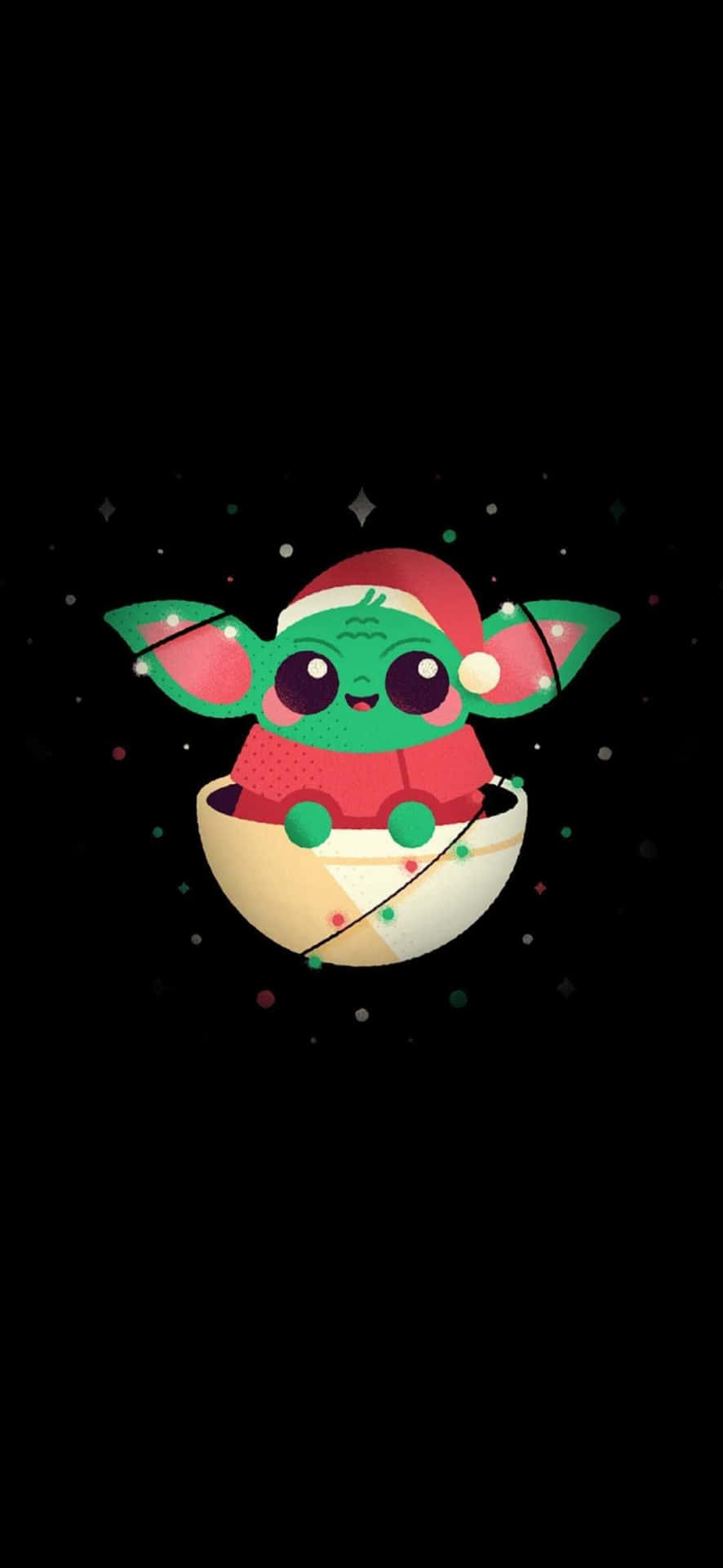 Star Wars Christmas 桌布 壁紙 — 一個可愛的綠色嬰兒尤達戴着紅色聖誕帽，坐在裝飾過的蛋裏，背景是黑色帶閃光。