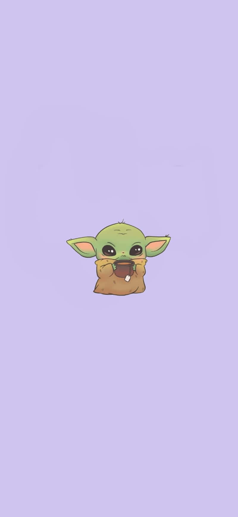 Cartoon Yoda 桌布 壁紙 — 一個可愛的綠色嬰兒尤達拿著杯子，居中在柔和的薰衣草背景上。