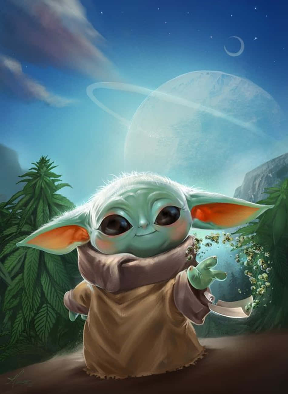Baby Yoda Cartoon 桌布 壁紙 — 一個可愛的綠色嬰兒尤達穿著棕色長袍，在星空下微笑著拿著爆米花，旁邊有一個帶環的行星。