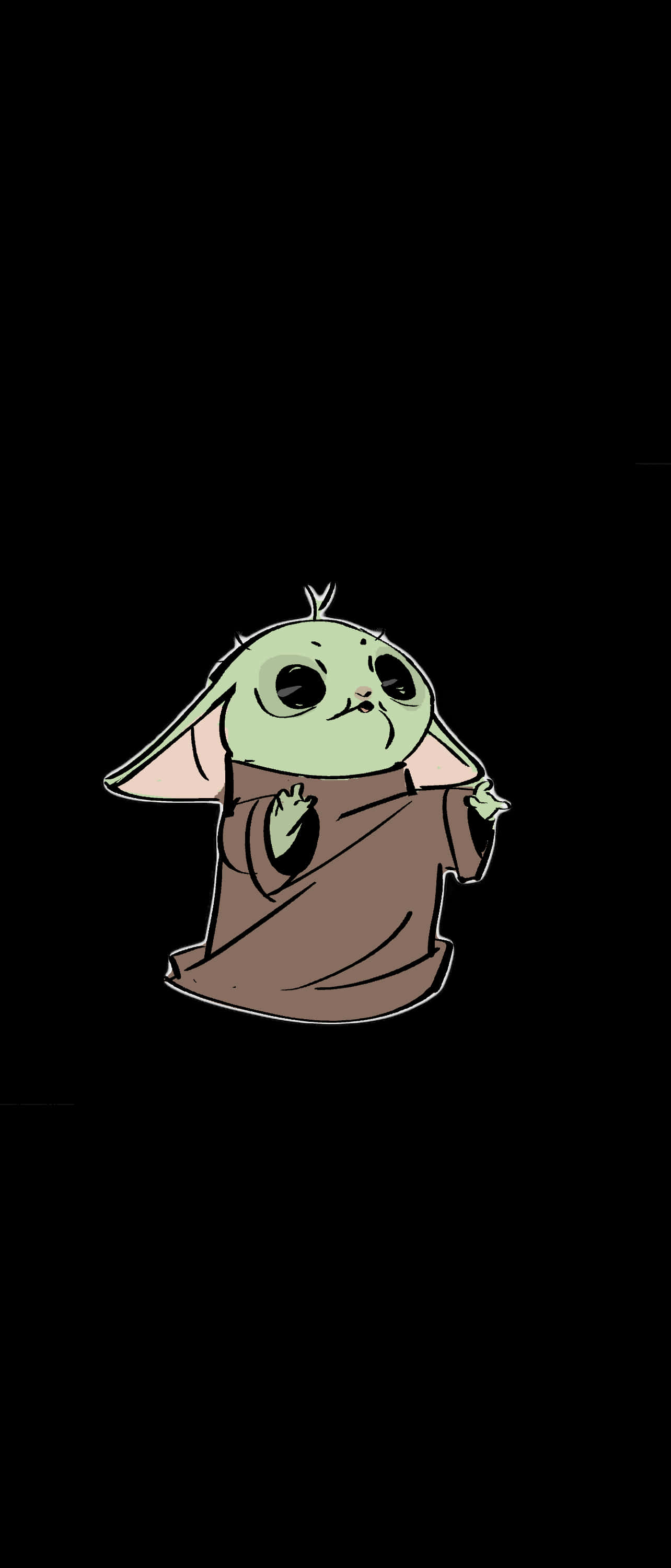 Baby Yoda Aesthetic 桌布 壁紙 — 一個可愛的綠色嬰兒尤達穿著棕色長袍，在純黑色背景前揮手。