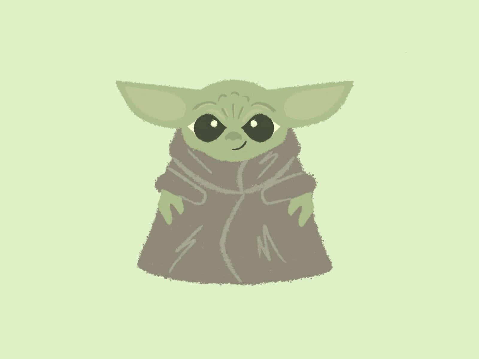 Baby Yoda Cartoon 桌布 壁紙 — 一個可愛的綠色寶寶尤達穿著棕色長袍，在柔和的薄荷色背景上微笑。