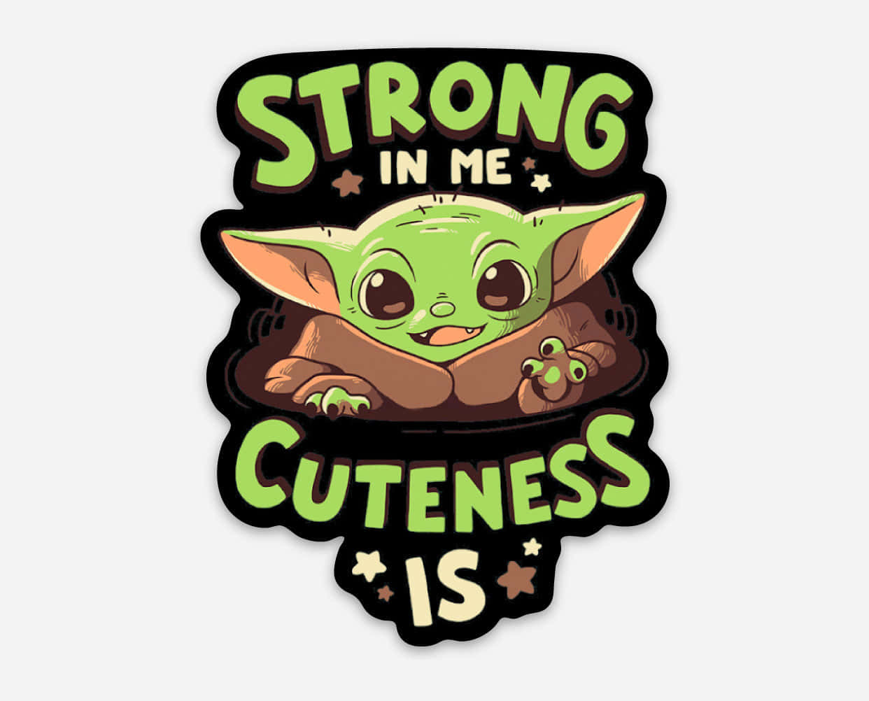 寶寶尤達微笑著，雙臂環繞毯子，下方有文字「Strong in me cuteness is」。 — 尤達寶寶 壁紙