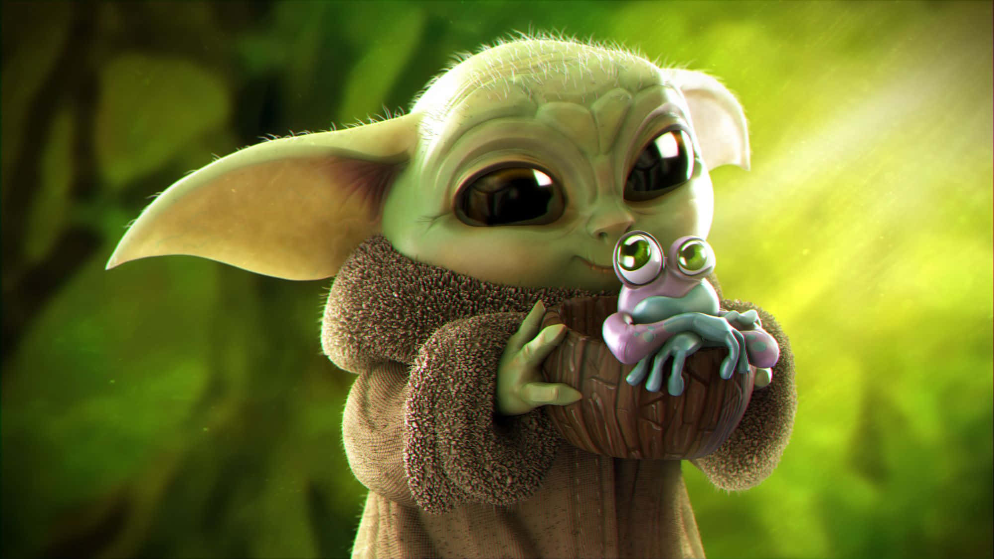 Baby Yoda Cartoon 桌布 壁紙 — 一個可愛的綠色小尤達在發光的綠色森林背景下，用木碗捧著一隻紫色小青蛙。