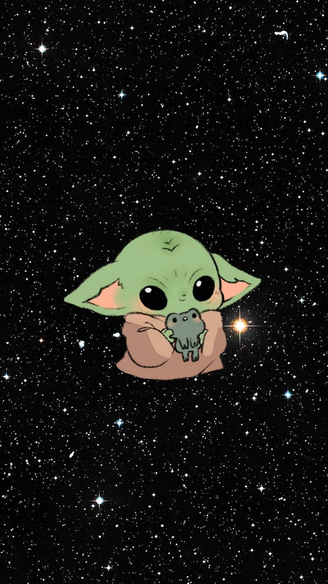 小尤達在星空夜空中拿著一隻青蛙。 — 可愛的銀河動圖 壁紙
