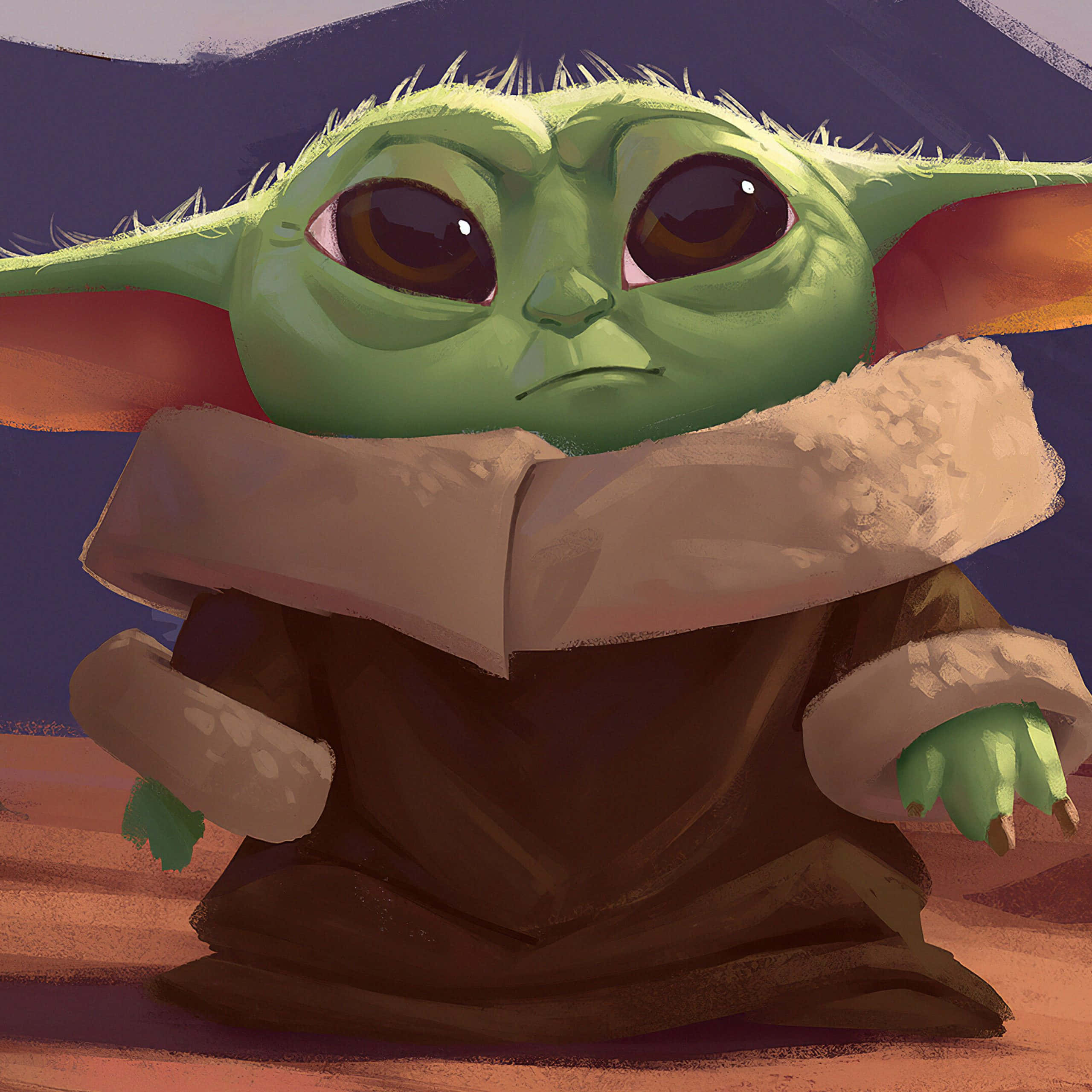 Baby Yoda Aesthetic 桌布 壁紙 — 一個可愛的綠色小尤達穿著棕色長袍，配有毛絨領子，坐在紫色和橙色背景前，看起來若有所思。