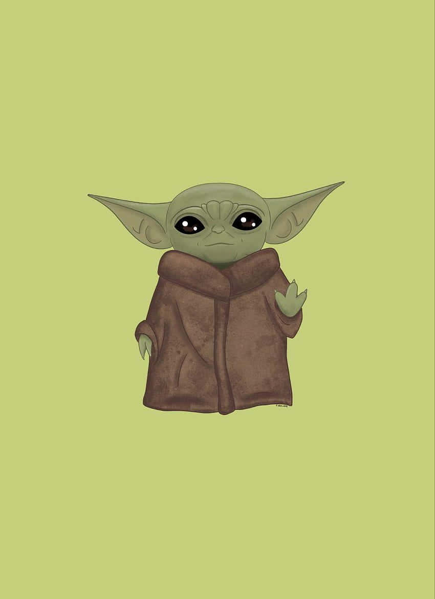 Cartoon Yoda 桌布 壁紙 — 一個可愛的綠色小尤達穿著棕色長袍，站在純淺綠色背景前。