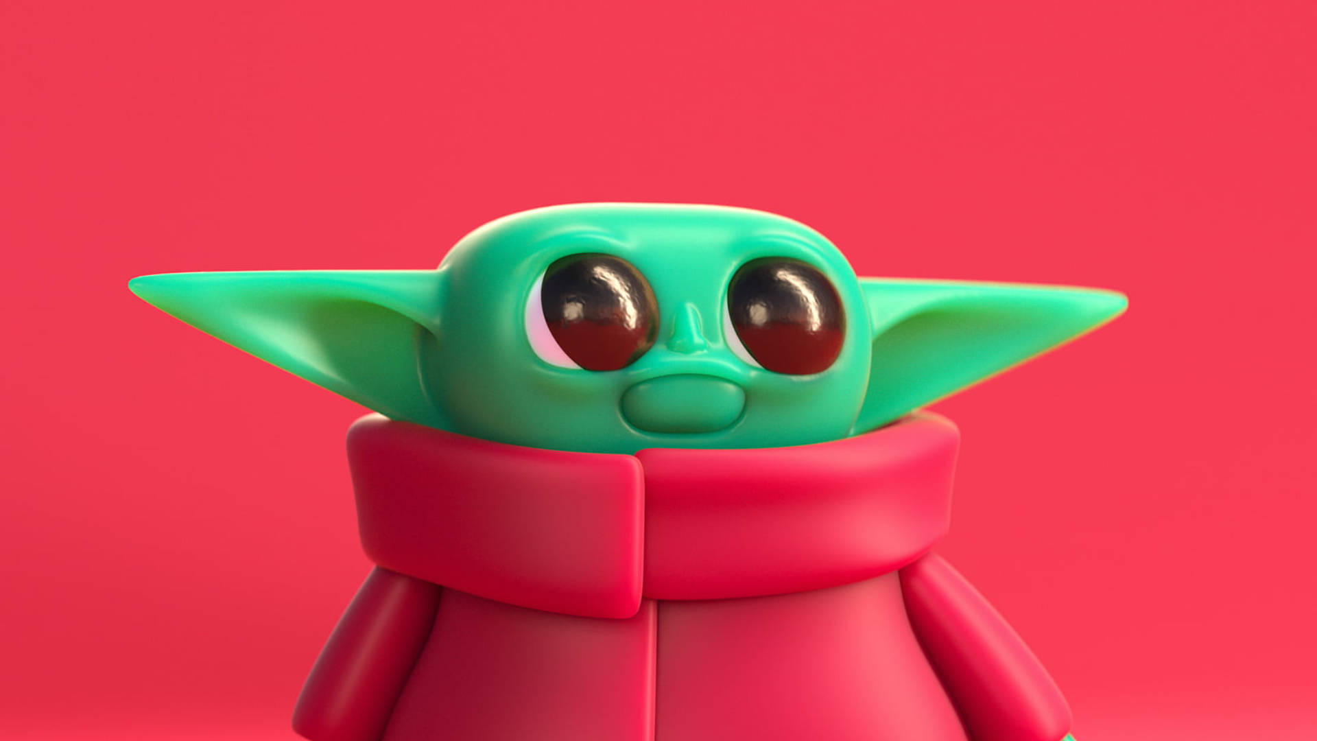Star Wars Red 桌布 壁紙 — 一個可愛的綠色尤達寶寶公仔，有大大的棕色眼睛和一條紅色圍巾，背景是純紅色。