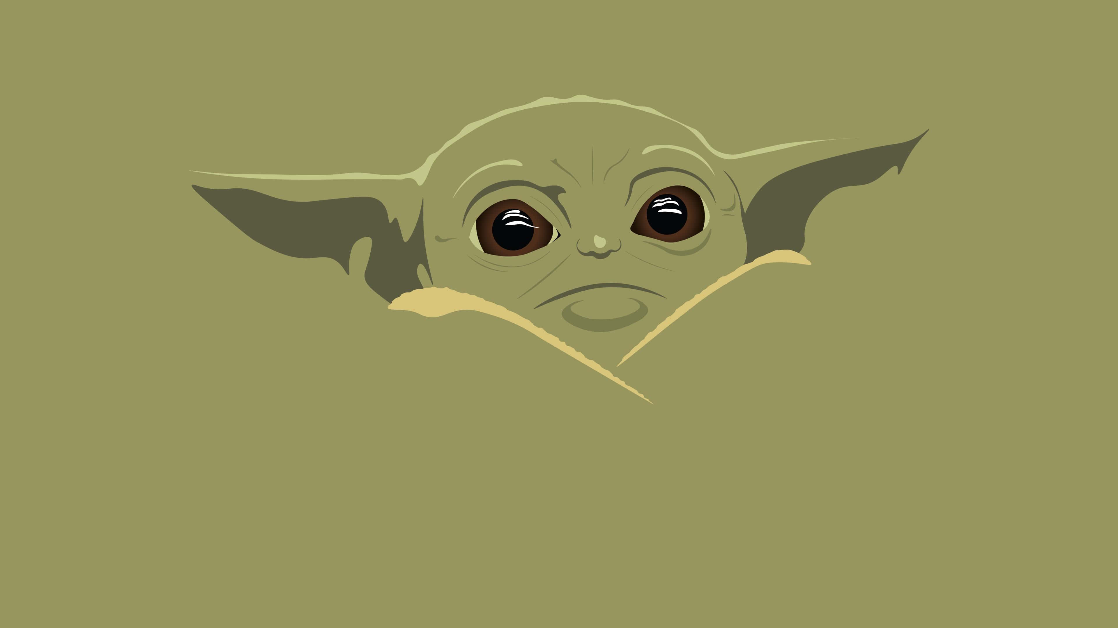 Baby Yoda Cartoon 桌布 壁紙 — 一個可愛的綠色尤達寶寶從毛毯後面好奇地探出頭來，背景是純橄欖綠色。