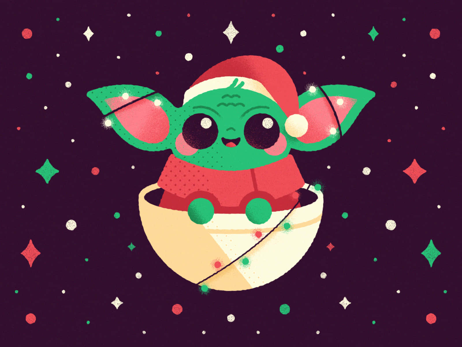 Baby Yoda Christmas 桌布 壁紙 — 一個可愛的綠色尤達寶寶戴著紅色聖誕帽，坐在裝飾華麗的雪橇上，背景是星光閃爍的紫色夜空。