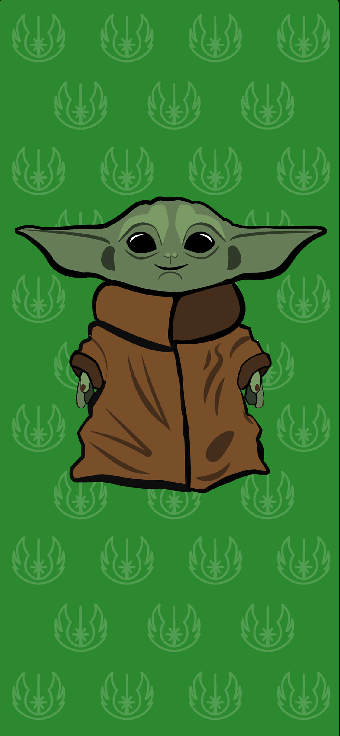 Baby Yoda Cartoon 桌布 壁紙 — 一個可愛的綠色尤達寶寶穿著棕色長袍，站在帶有重複淺灰色符號的綠色背景前。