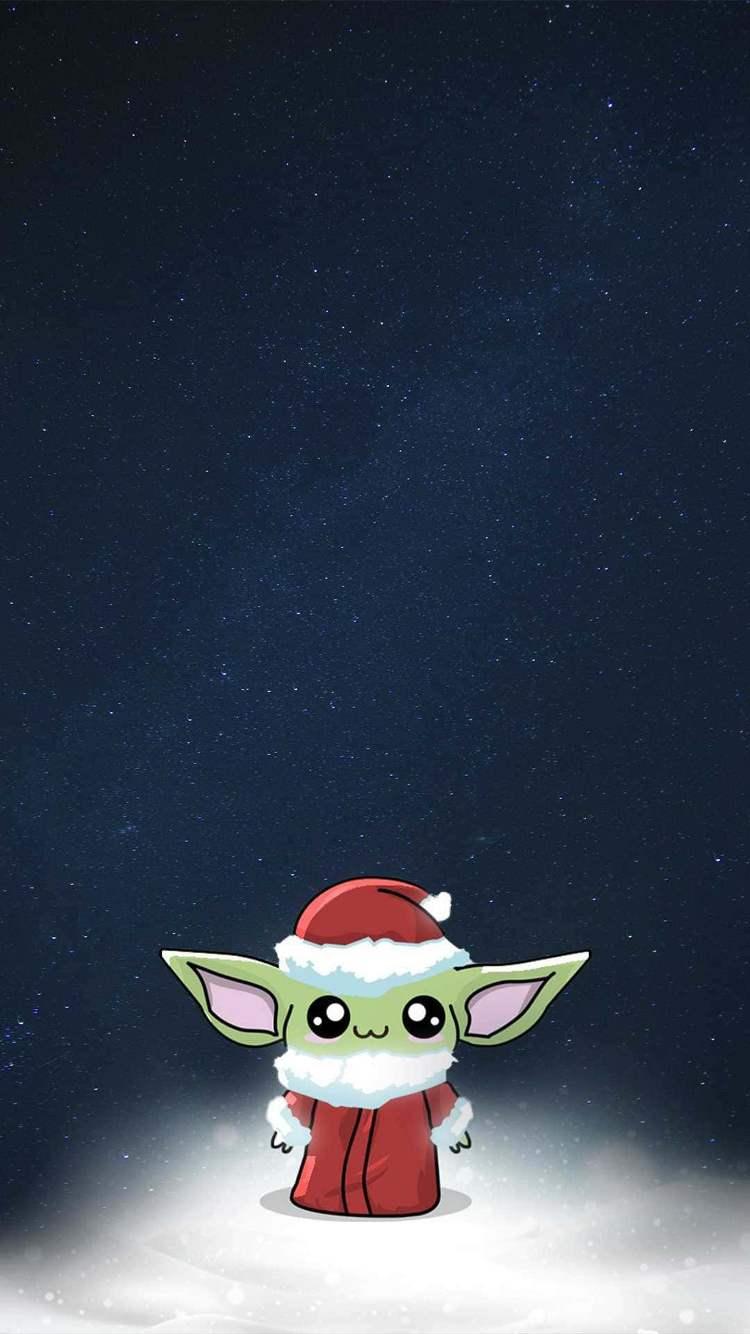 Santa Claus 桌布 壁紙 — 一個可愛的綠色尤達寶寶穿著紅色聖誕老人服裝，站在星空下的雪地上。