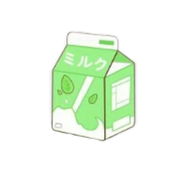 Mint 桌布 壁紙 — 一個可愛的綠色牛奶盒，上面有日文字和葉子圖案，放在純白色背景前。
