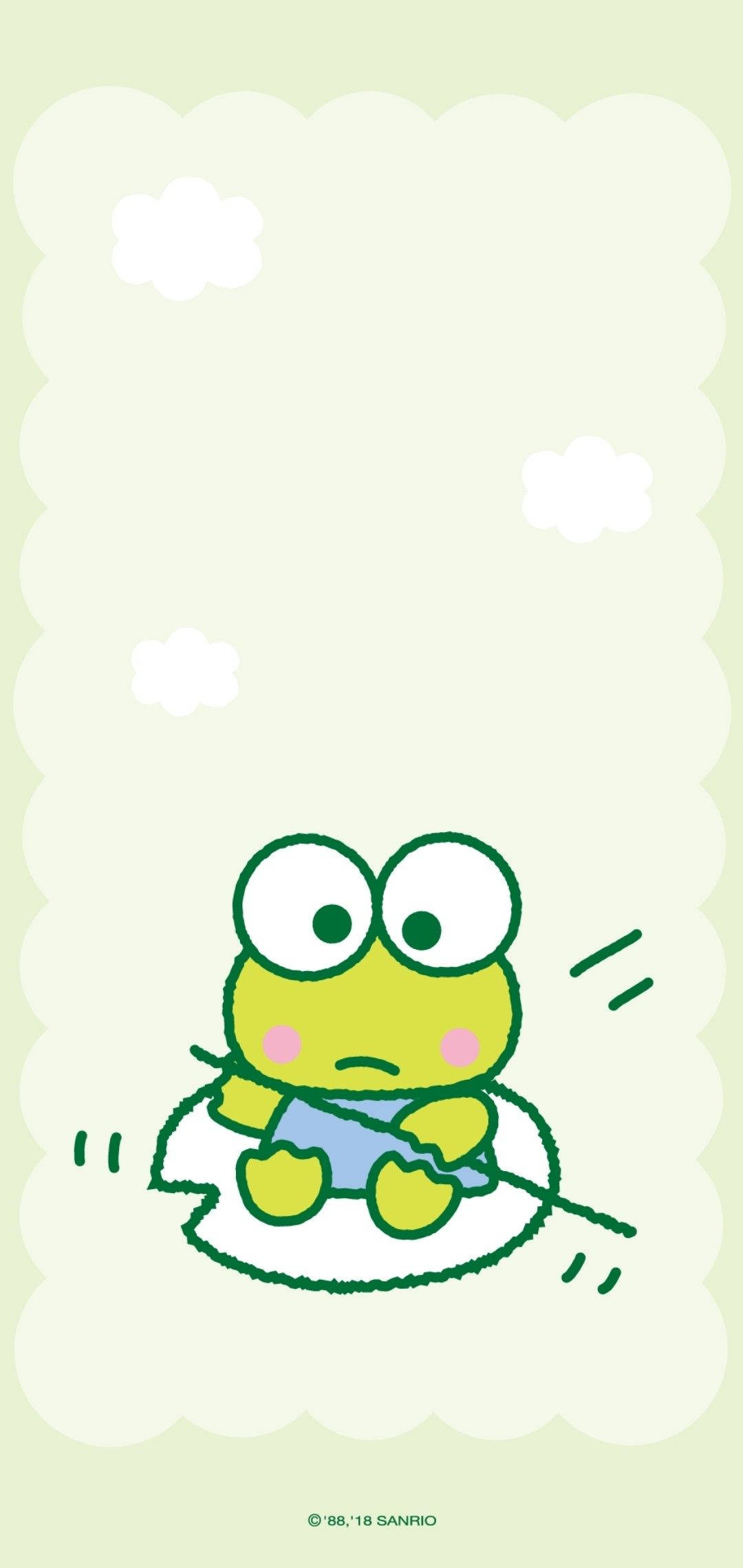 Keroppi 桌布 壁紙 — 一個可愛的綠色青蛙角色，大眼睛，坐在雲上，拿著魚竿，背景是柔和的粉彩。