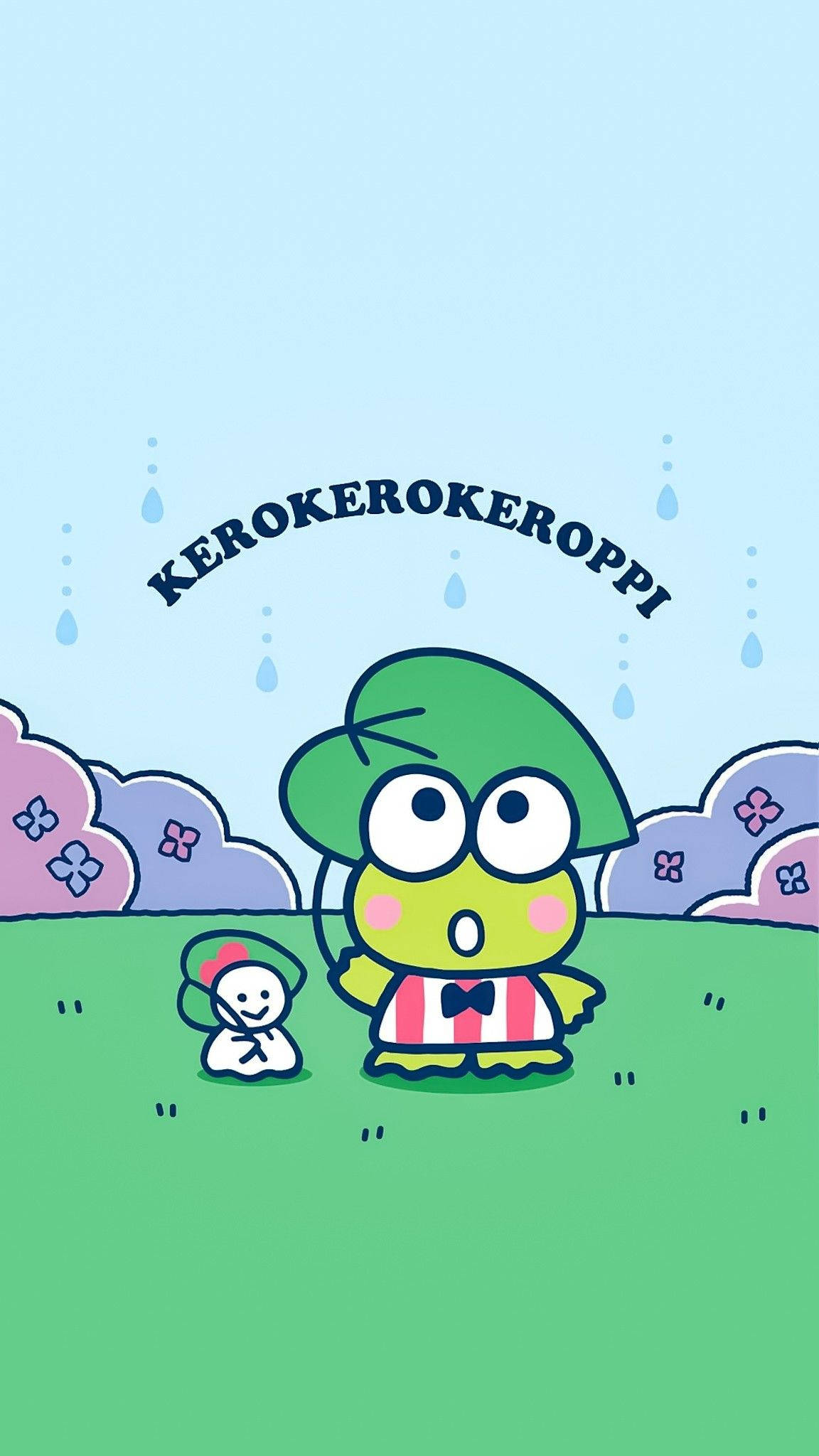 Keroppi 桌布 壁紙 — 一個可愛的綠色青蛙角色，戴著葉子帽，站在草地上，天空淺藍，有雨滴落下和紫色雲朵。