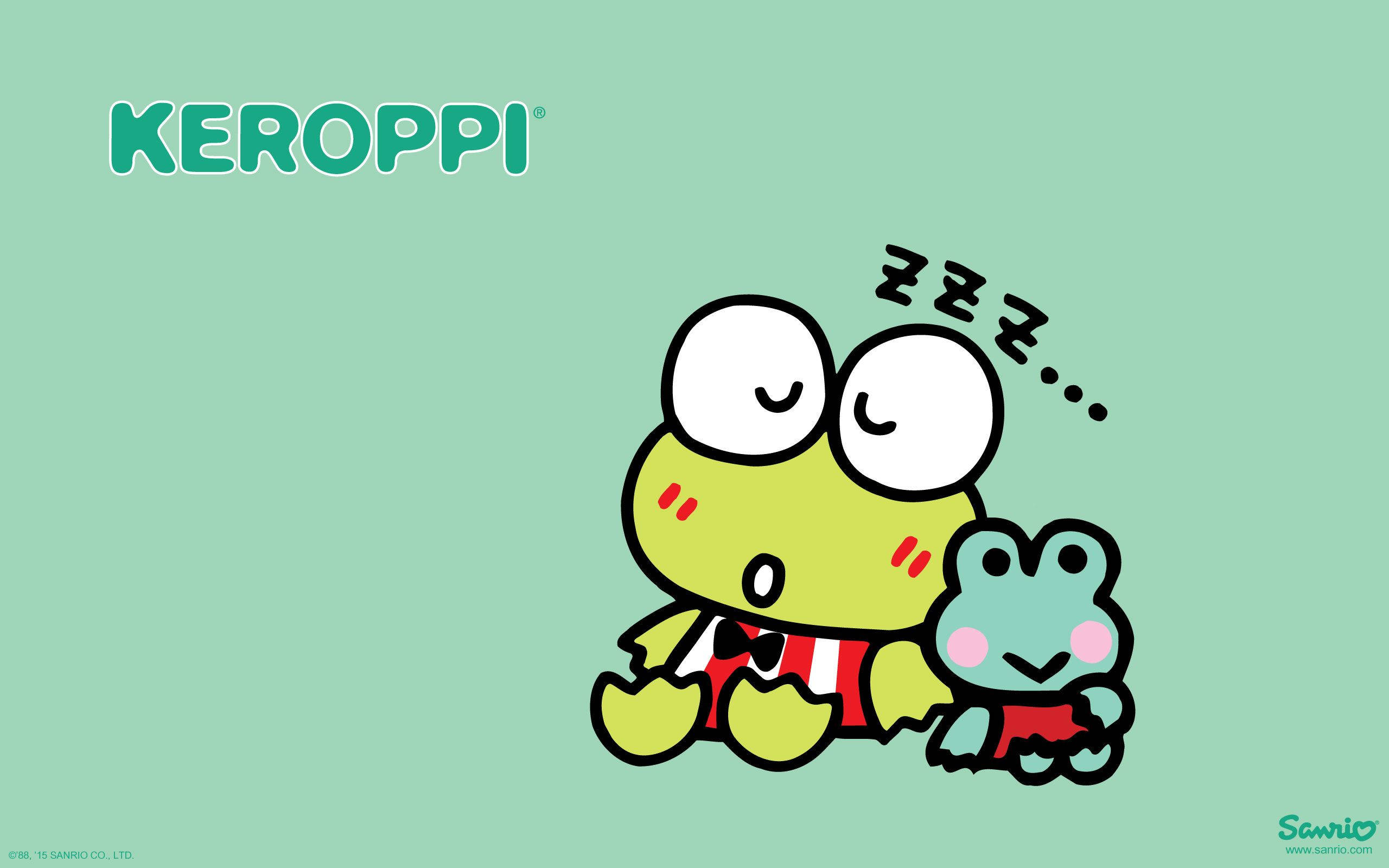 Keroppi 桌布 壁紙 — 一個可愛的綠色青蛙角色在薄荷綠色背景上平靜地睡覺，同時抱著一個較小的青蛙毛絨玩具。