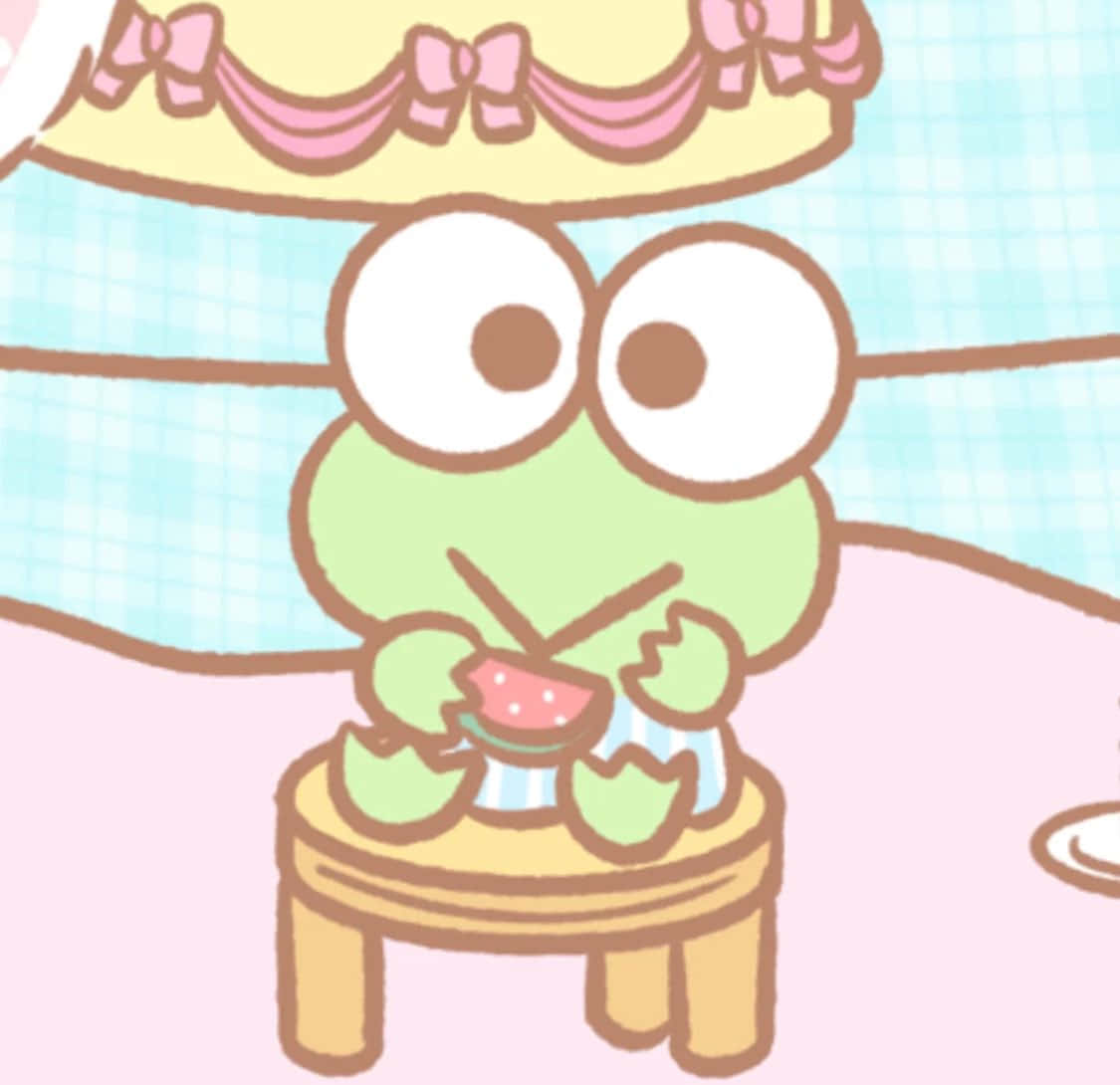 Keroppi 桌布 壁紙 — 一個可愛的綠色青蛙角色坐在凳子上，在帶有粉紅色蝴蝶結的柔和燈光下吃西瓜。