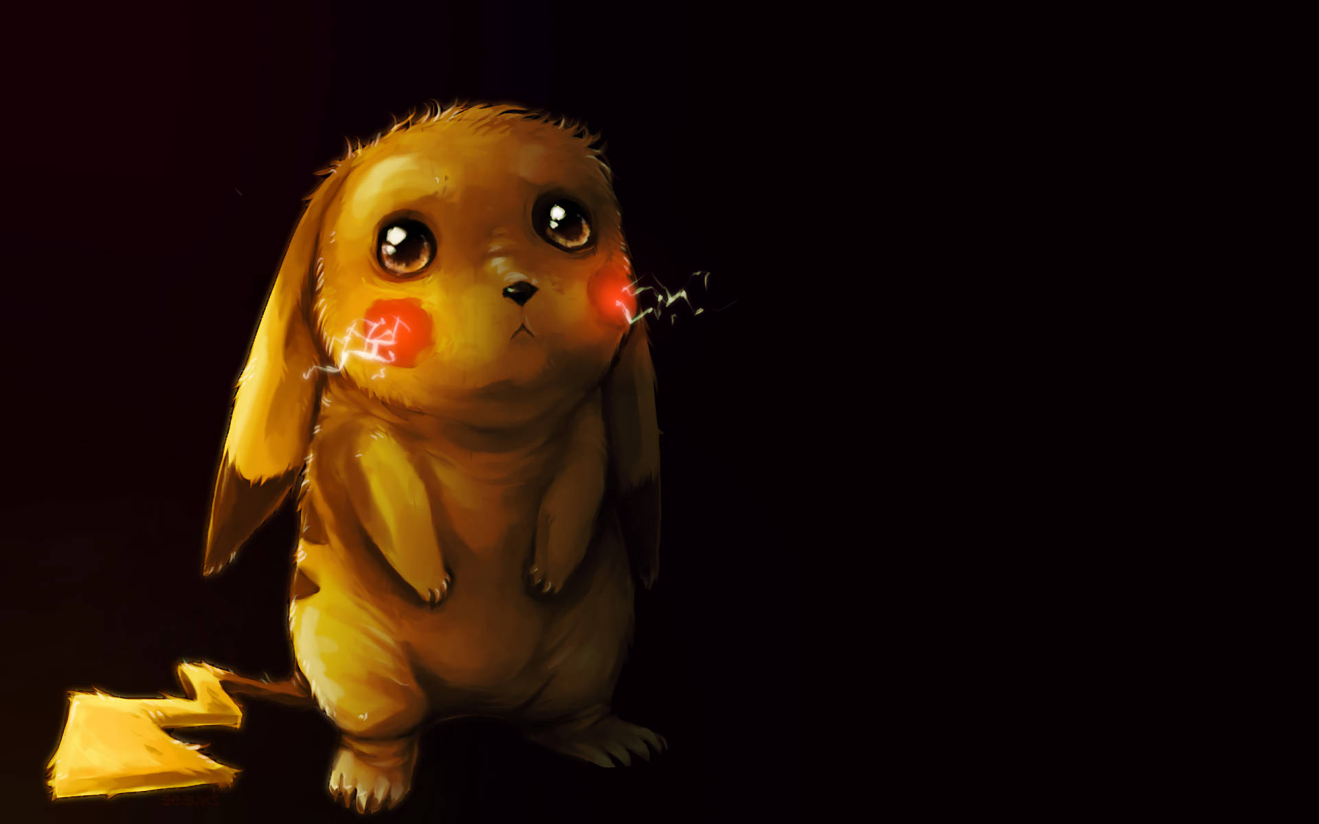 Cute Sad 桌布 壁紙 — 一個可愛的胖胖皮卡丘，臉頰發光，尾巴閃爍火花，獨自站在黑暗背景中。