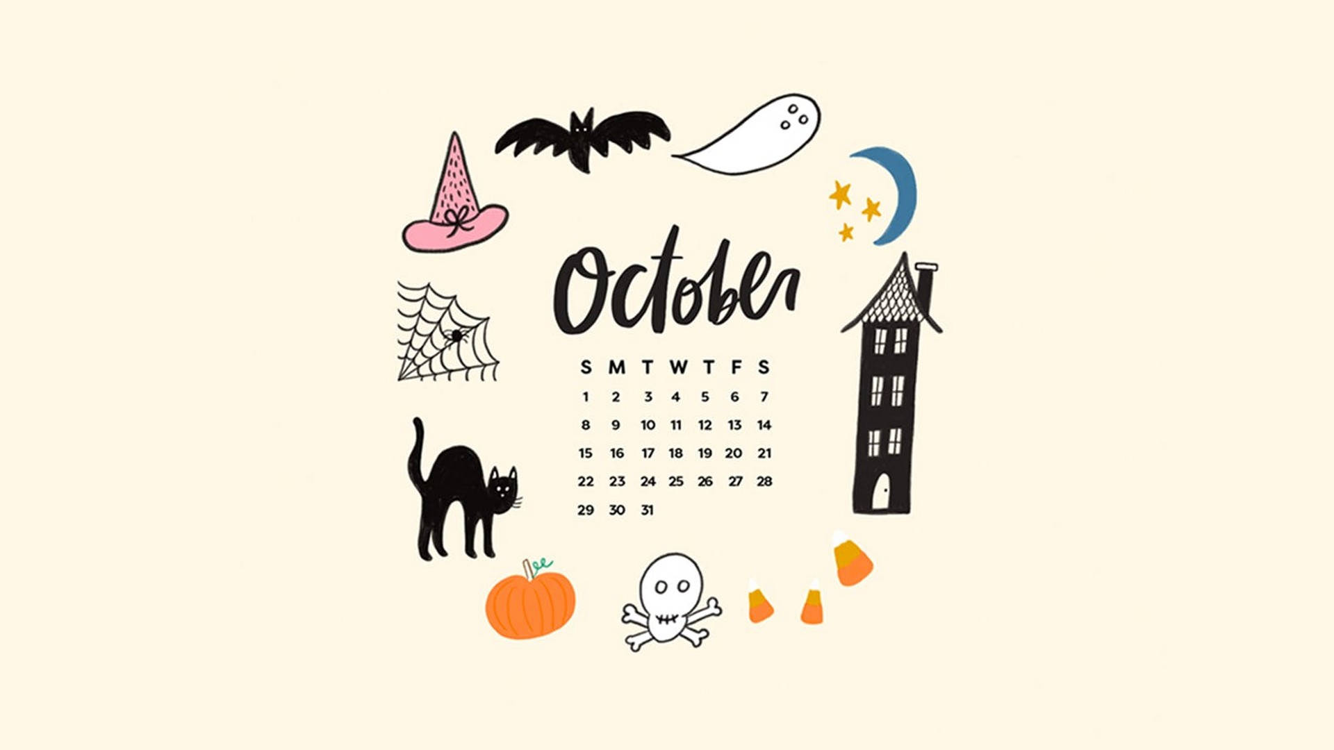 Cute Aesthetic Halloween 桌布 壁紙 — 一個可愛的萬聖節主題十月日曆，周圍環繞著巫師帽、蝙蝠、幽靈、月亮、蜘蛛網、貓、南瓜、骷髏頭和糖果玉米。