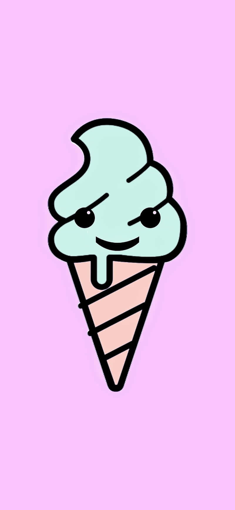 Ice Cream 桌布 壁紙 — 一個可愛的薄荷綠色冰淇淋甜筒，帶著頑皮的笑容，在柔和的粉紅色背景上微微滴落。