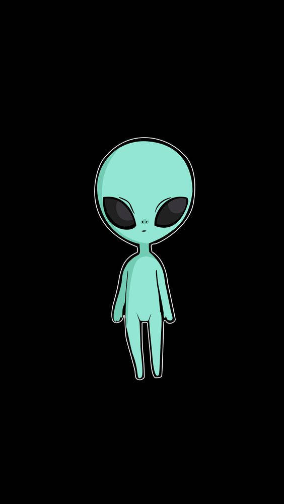 Cool Alien 桌布 壁紙 — 一個可愛的薄荷綠色卡通外星人，有大黑眼睛，獨自站在純黑色背景前。