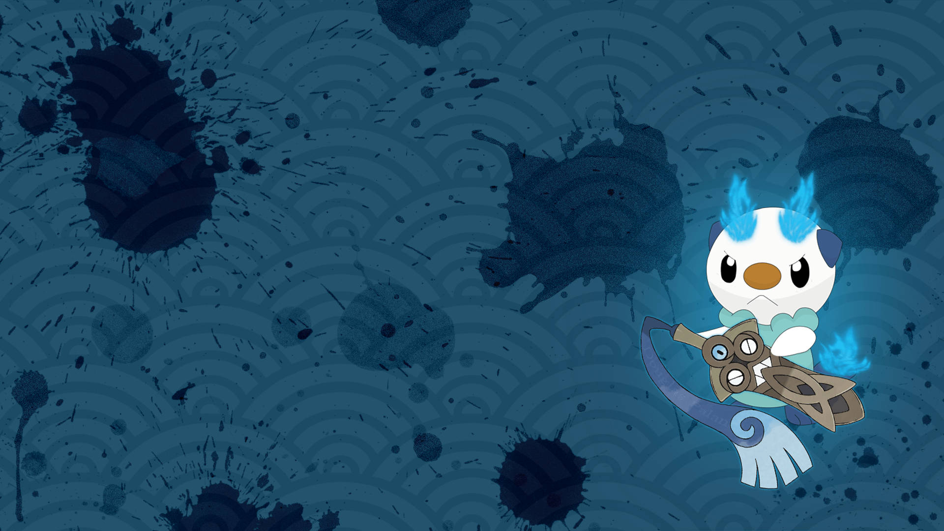 Oshawott 桌布 壁紙 — 一個可愛的藍白動漫角色，有著火焰般的頭髮，在深藍色墨水飛濺背景和波浪圖案前拿著弓。