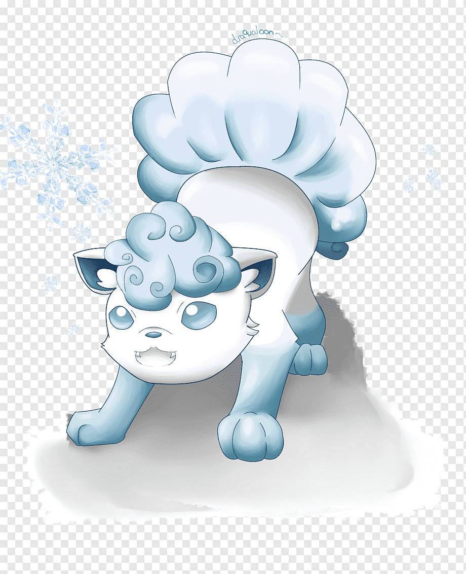 可愛寶可夢 桌布 壁紙 — 一個可愛的藍白動漫風格雪主題生物，周圍有旋轉的毛皮和雪花。