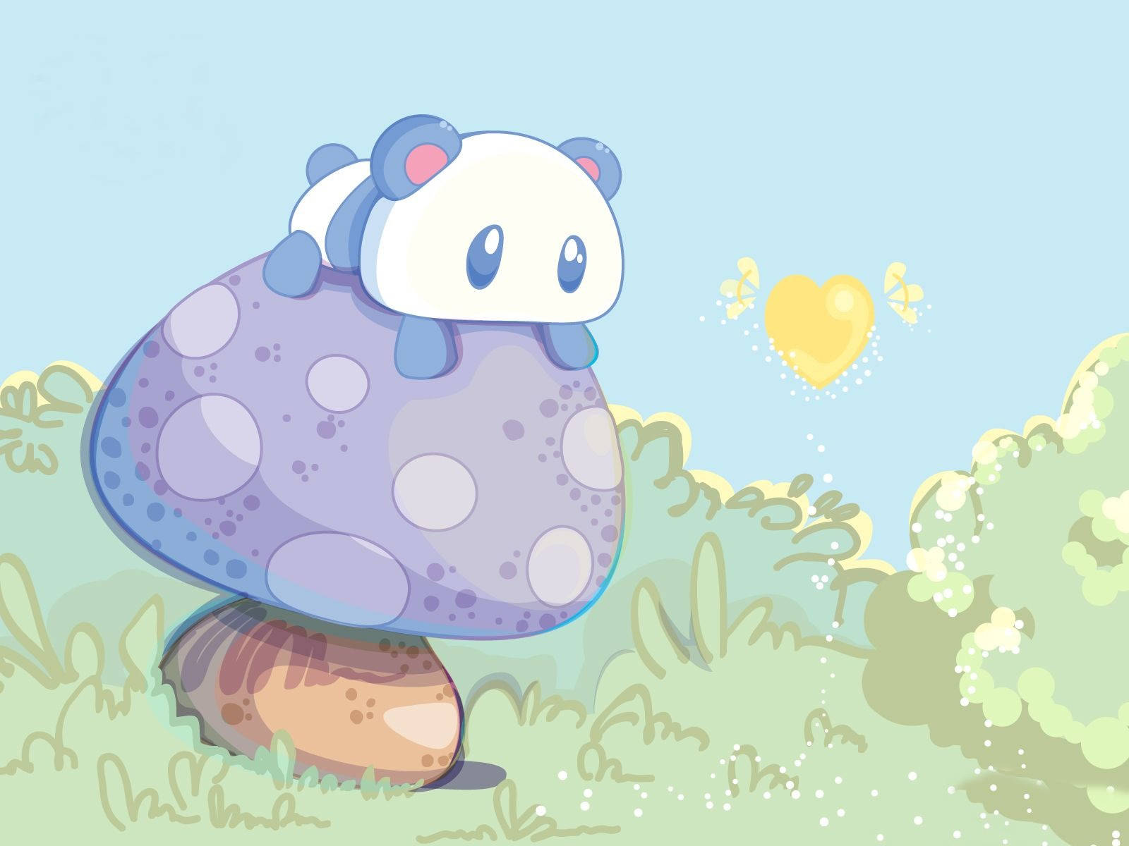Kawaii Laptop 桌布 壁紙 — 一個可愛的藍白相間、像熊貓一樣的生物坐在一個有浮動心形的柔和粉彩草地上的一個大斑點蘑菇上。