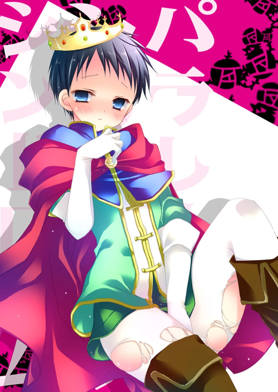 Mikado Ryuugamine 桌布 壁紙 — 一個可愛的藍眼動漫男孩，戴著金色皇冠和紅色披風，盤腿坐在充滿活力的粉紅色背景前。