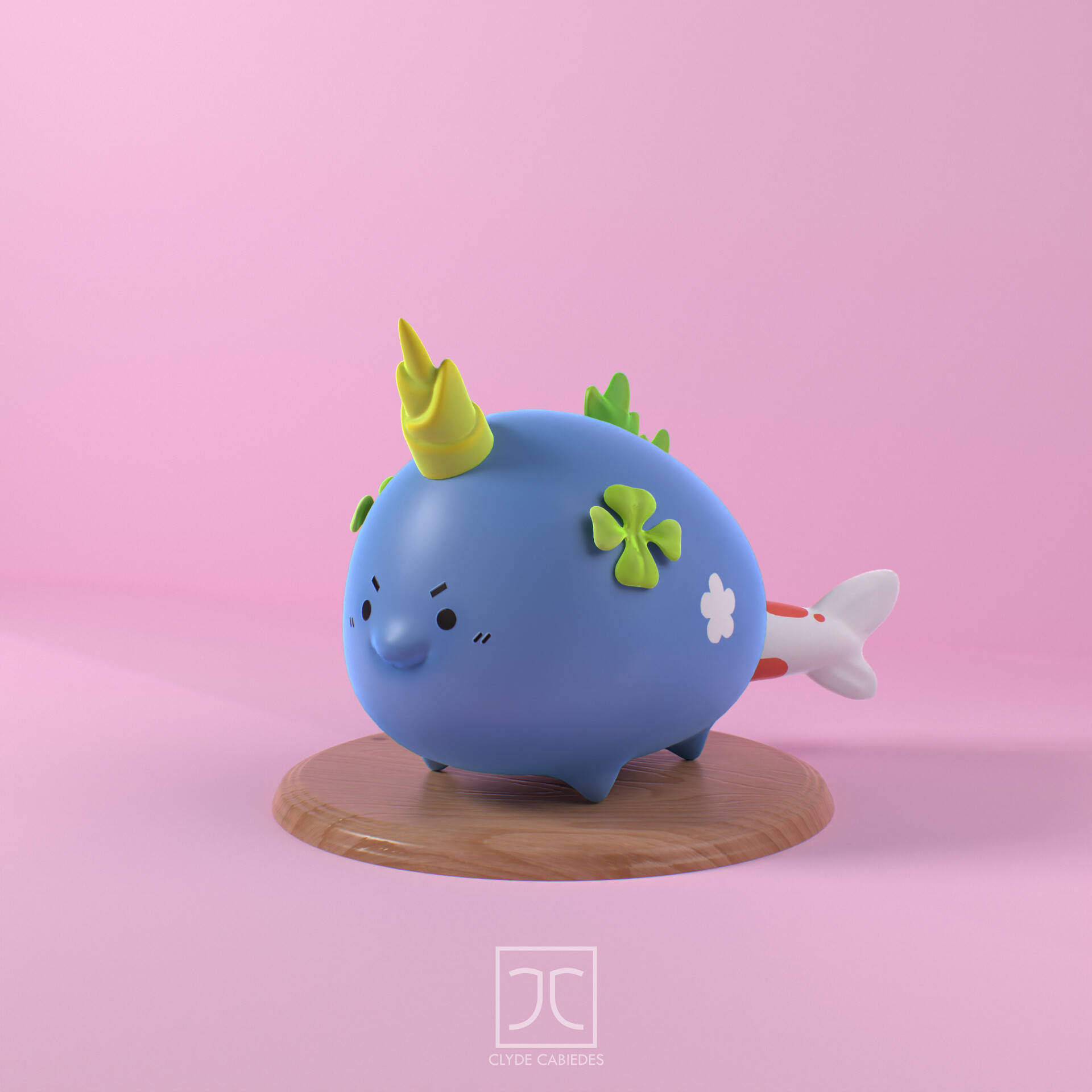 infinity 桌布 壁紙 — 一個可愛的藍色3D渲染獨角鯨公仔，有黃色角和綠色三葉草，站在木底座上，背景是柔和的粉紅色。