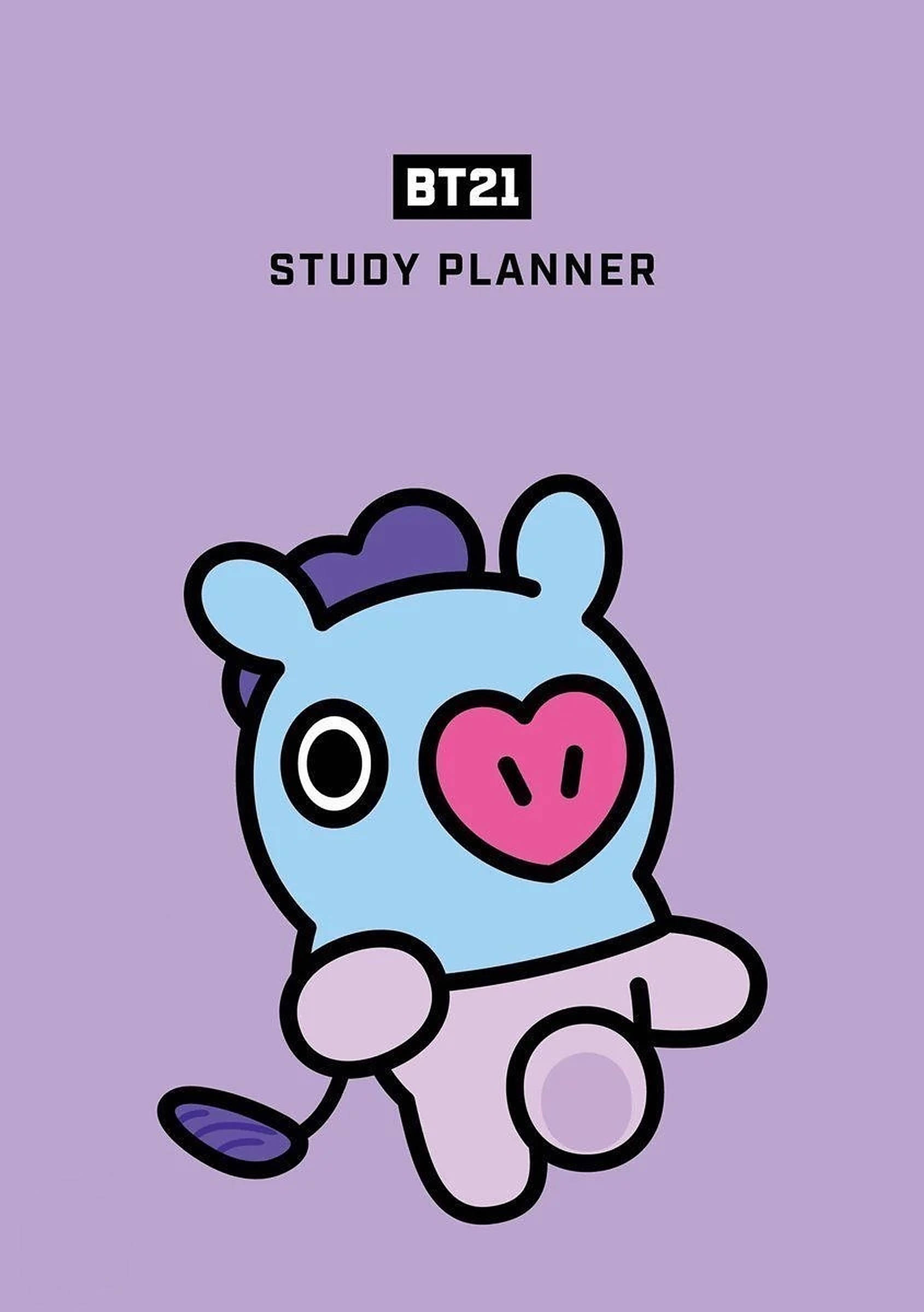 mang bt21 桌布 壁紙 — 一個可愛的藍色BT21角色，擁有粉紅色心形鼻子，坐在純薰衣草色背景上。