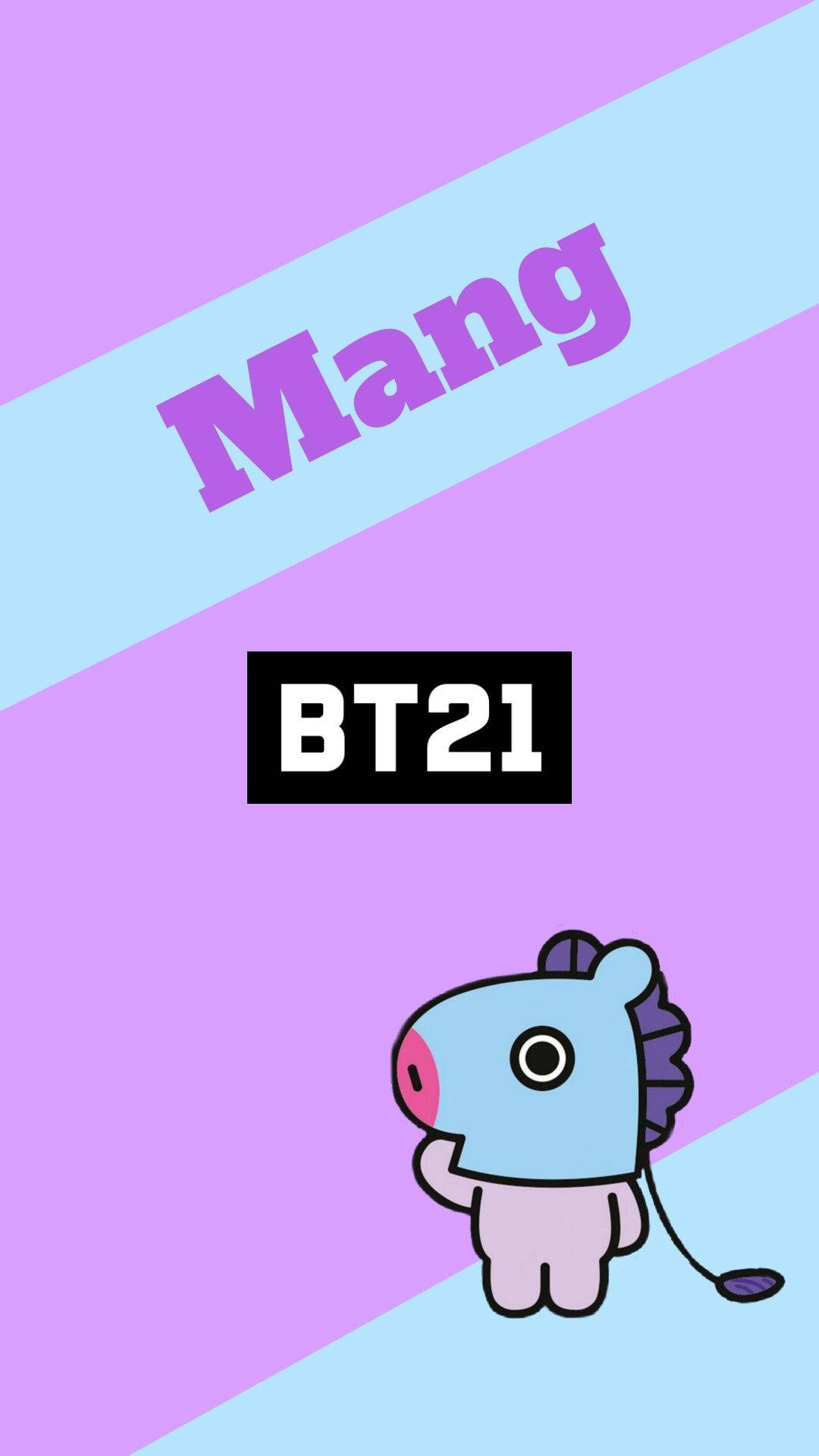 mang bt21 桌布 壁紙 — 一個可愛的藍色BT21角色站在紫色和淺藍色的對角線背景上，帶有「Mang」和「BT21」文字。