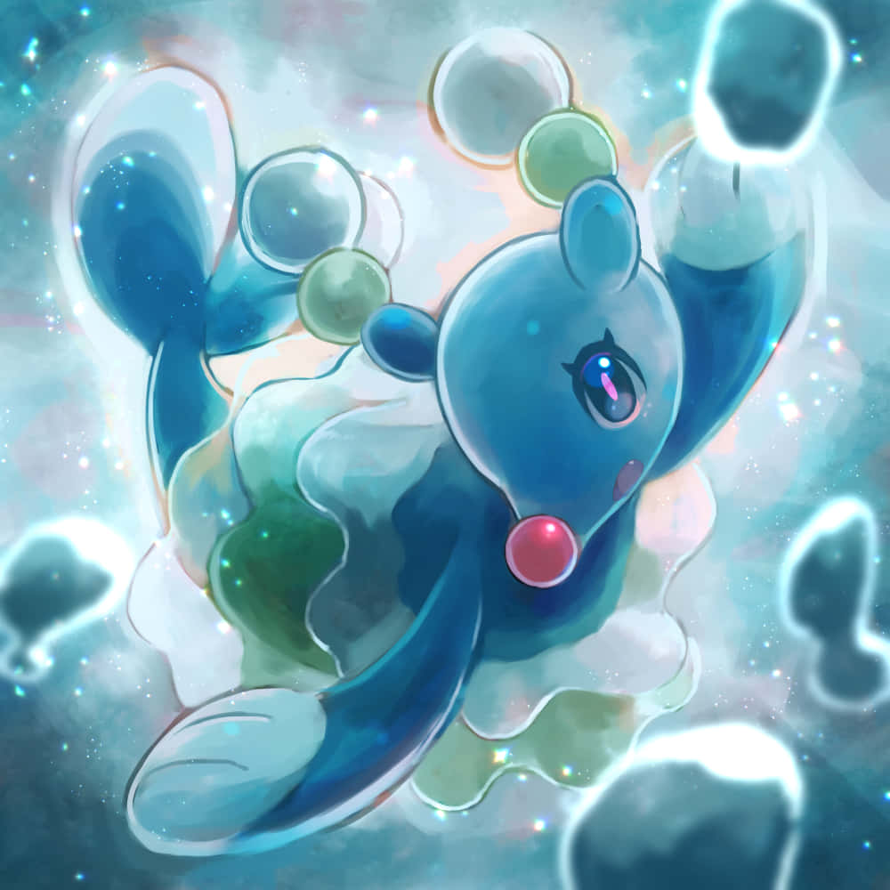 Pokemon Aesthetic 桌布 壁紙 — 一個可愛的藍色動漫生物，帶有泡泡狀的附肢，漂浮在發光的宇宙粒子中，處於夢幻的星空虛空。