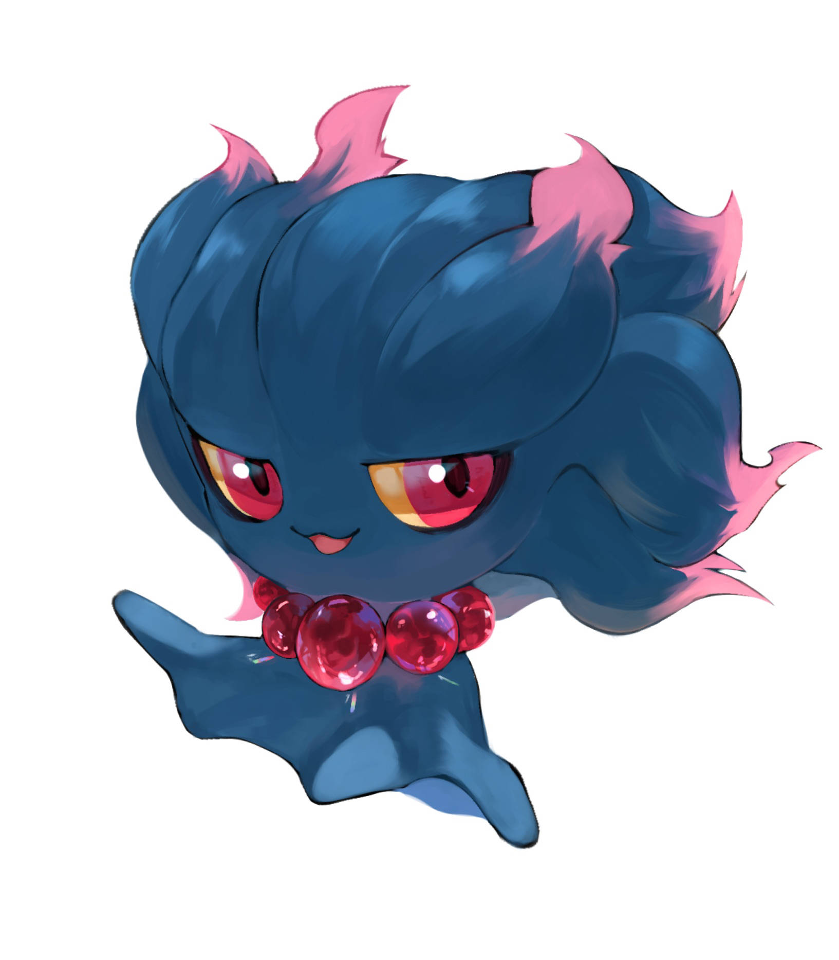 動漫 桌布 壁紙 — 一個可愛的藍色動漫生物，粉紅色頭髮和紅色眼睛，戴著閃亮的紅色珠鏈，背景為白色。