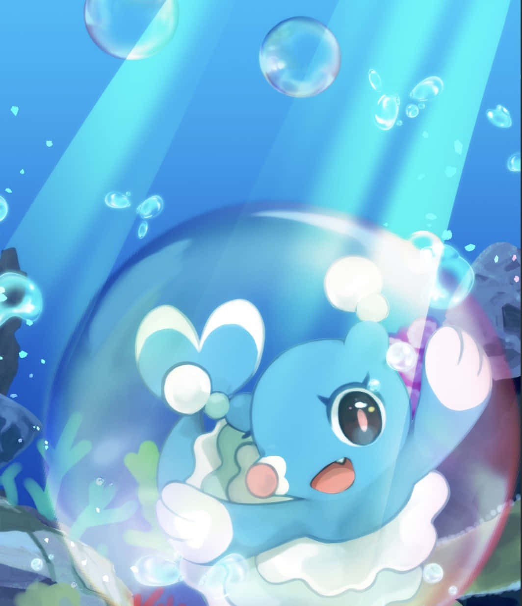 Pokemon Aesthetic 桌布 壁紙 — 一個可愛的藍色動漫角色在水中的氣泡內漂浮，周圍有陽光光束和漂浮的氣泡。