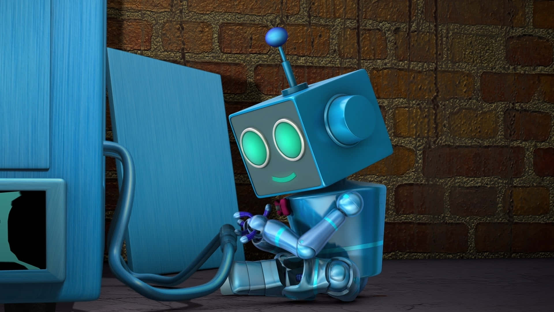 Kawaii Robot 桌布 壁紙 — 一個可愛的藍色卡通機器人，有著發光的綠色眼睛，坐在磚牆旁的一台壞電視旁邊。