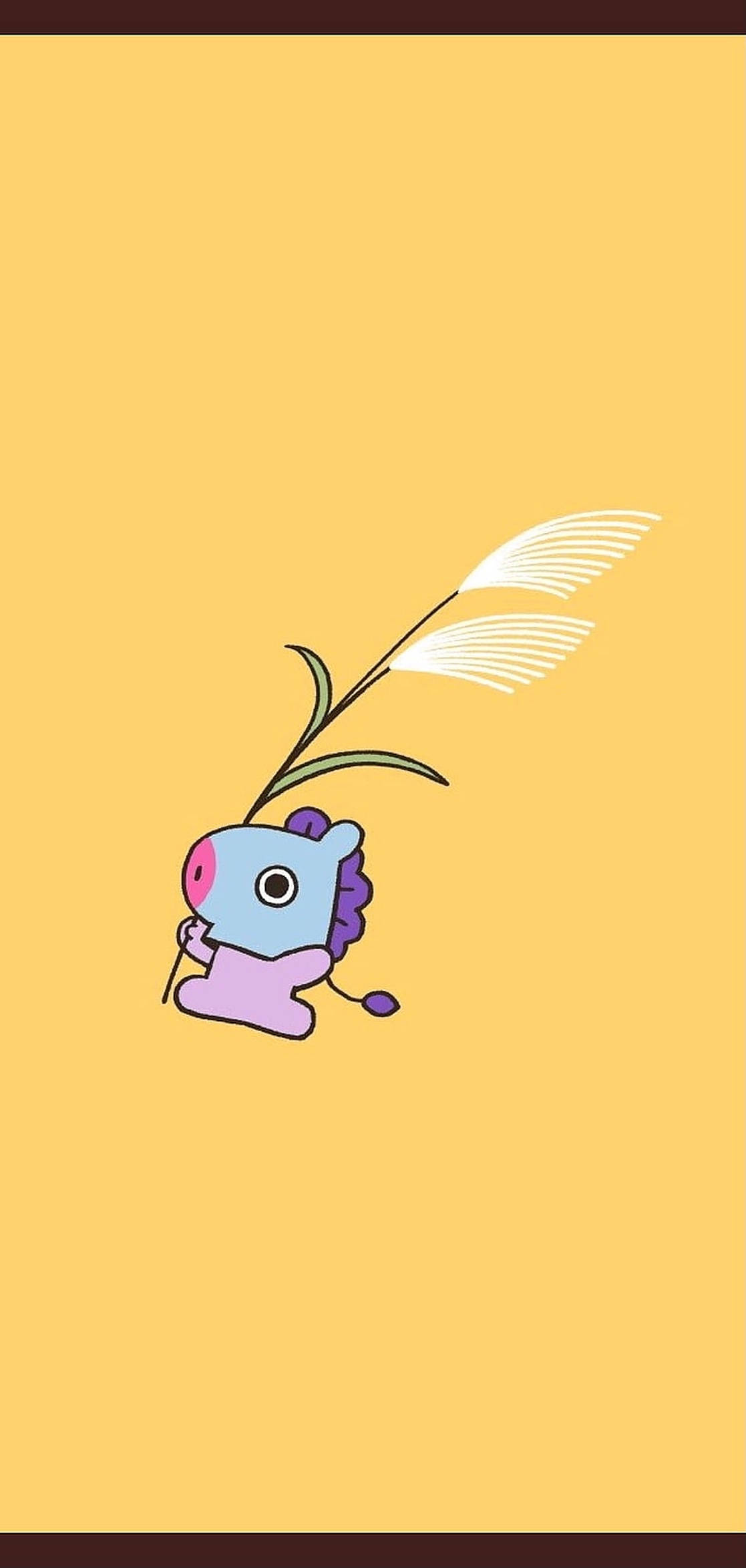 망 BT21 桌布 壁紙 — 一個可愛的藍色卡通生物，紫色頭髮，手持一棵高大的白色羽毛植物，背景為純黃色。