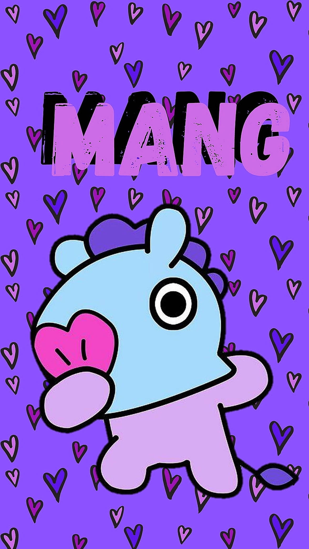 mang bt21 桌布 壁紙 — 一個可愛的藍色卡通角色在充滿散落心形和粗體文字的紫色背景上拿著一個粉紅色的心形。