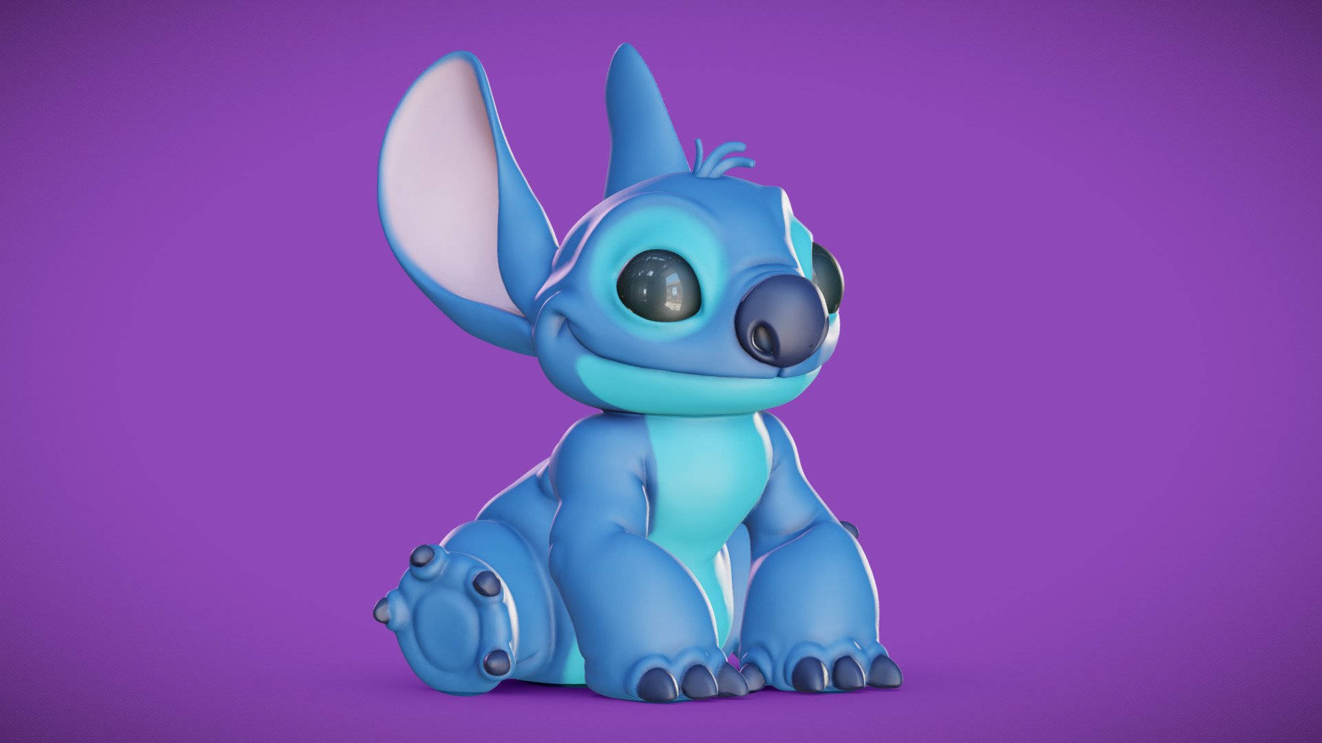 stitch 3d 桌布 壁紙 — 一個可愛的藍色外星生物，有大耳朵和大眼睛，坐在純紫色背景上微笑。